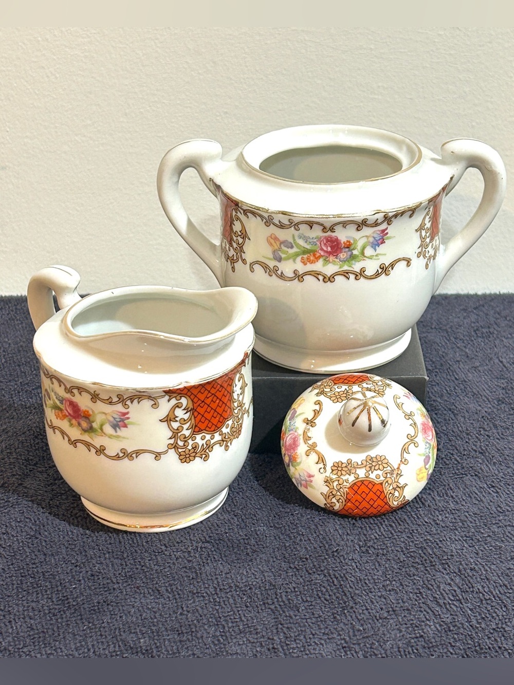 Vtg Kutani Lidded Sugar Creamer Fine Porcelain Baroque Panels Chintz Floral